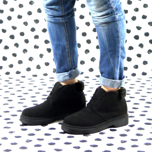 ANNIE derby microfibra nera con dettaglio pelo bioceramica pet riciclato veganshoes